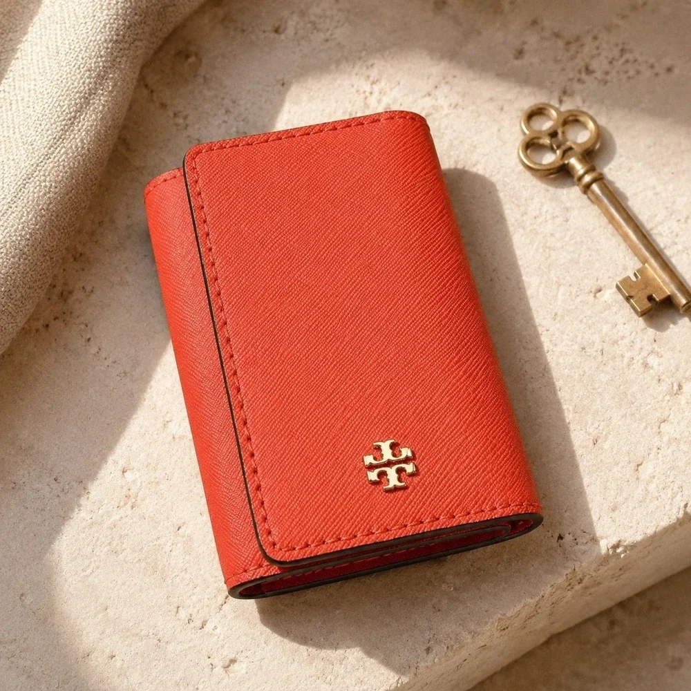 Tory Burch Robinson 6 Key Case Red Saffiano Leather Gold Logo Wallet